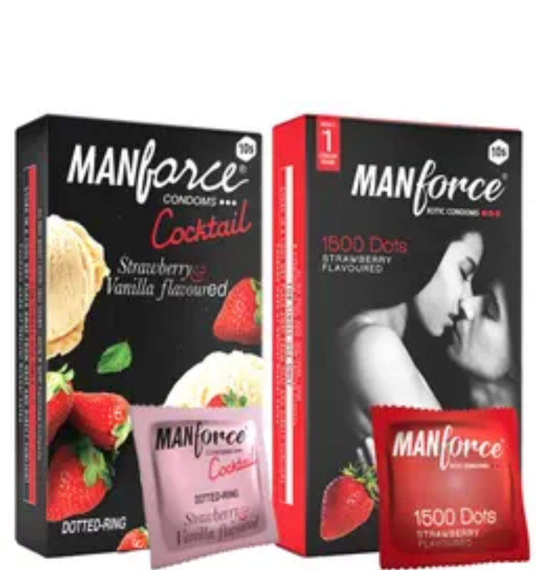 Manforce Cocktail Strawberry & Vanilla Flavoured Condoms, Dotted and Ringed Latex Condoms for Enhanced Pleasure, Pack of 20