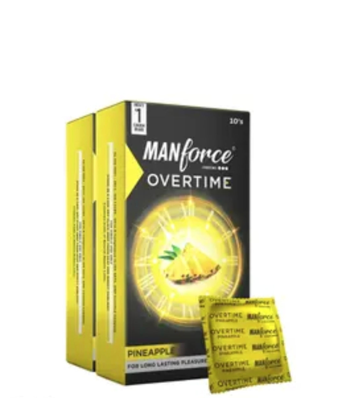 Manforce Overtime Pineapple Flavoured Condoms, Dotted and Ribbed Latex Condoms with Delay Climax Feature, Contoured Fit, Pack of 10