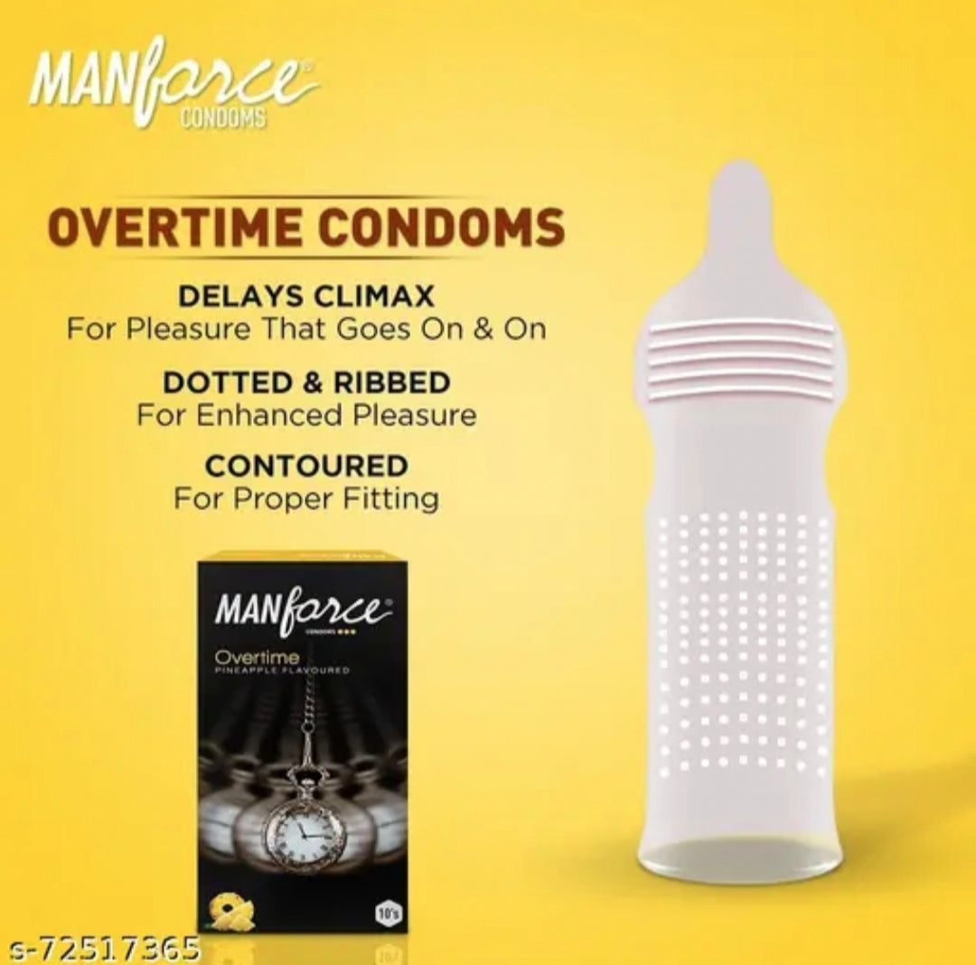 Manforce Overtime Pineapple Flavoured Condoms, Dotted and Ribbed Latex Condoms with Delay Climax Feature, Contoured Fit, Pack of 10