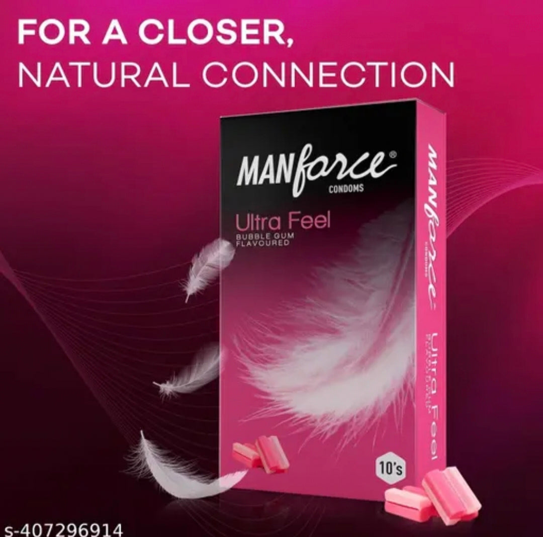 Manforce Ultra Feel Bubble Gum Flavoured Condoms, Ultra Thin Latex Condoms for Natural Feel and Comfortable Fit, Pack of 10