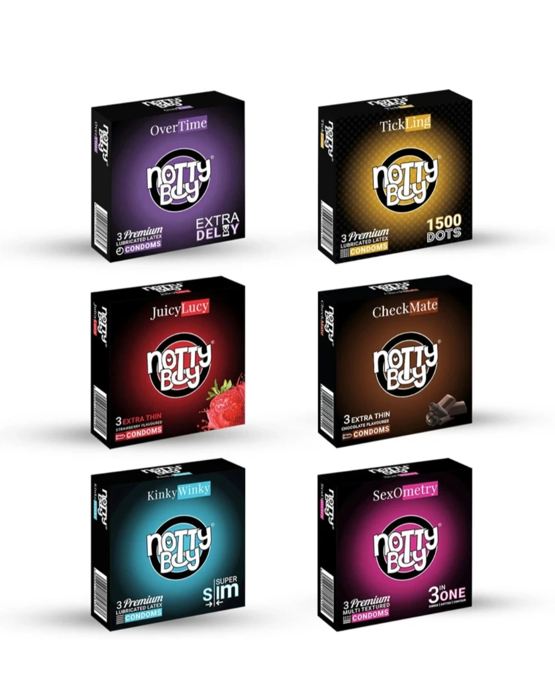 Notty Boy Condoms Variety Combo Pack, Extra Delay, 1500 Dots, Strawberry Flavour, Chocolate Flavour, Super Slim and 3-in-1 Textured Condoms