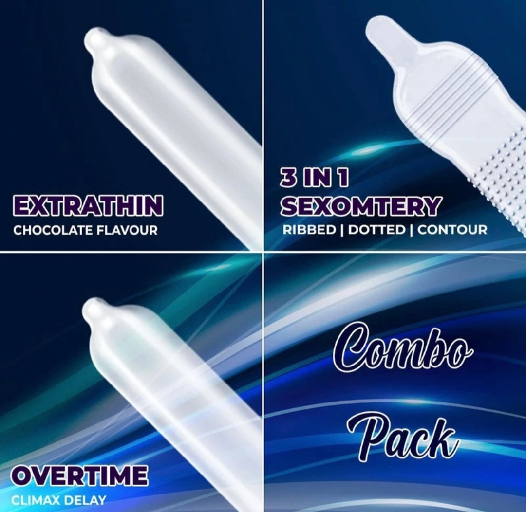 Notty Boy Condoms Variety Combo Pack, Extra Delay, 1500 Dots, Strawberry Flavour, Chocolate Flavour, Super Slim and 3-in-1 Textured Condoms