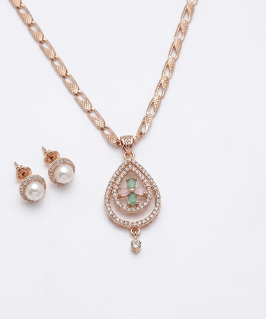 Gilded Blossoms Exquisite Rose Gold Pendant and Earring Set for Women – Teardrop Halo Necklace with Green Chalcedony & Pink Tourmaline-Simulant Cluster, 7mm Cultured Freshwater Pearl Stud Earrings