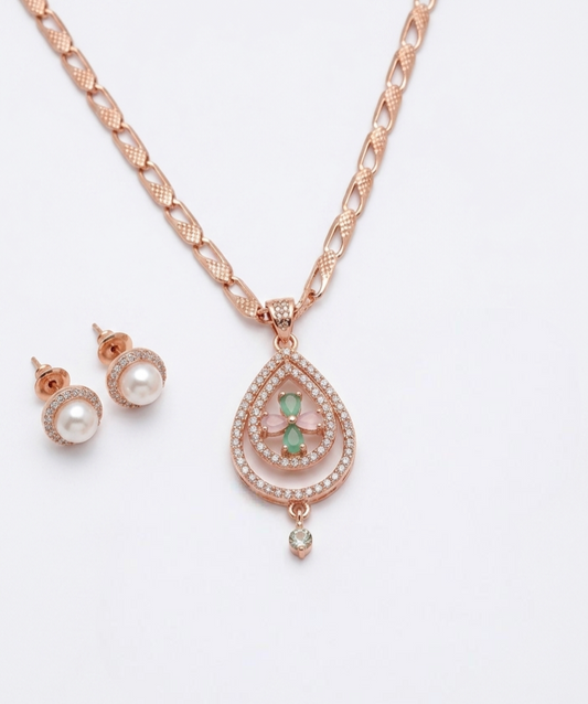 Gilded Blossoms Exquisite Rose Gold Pendant and Earring Set for Women – Teardrop Halo Necklace with Green Chalcedony & Pink Tourmaline-Simulant Cluster, 7mm Cultured Freshwater Pearl Stud Earrings