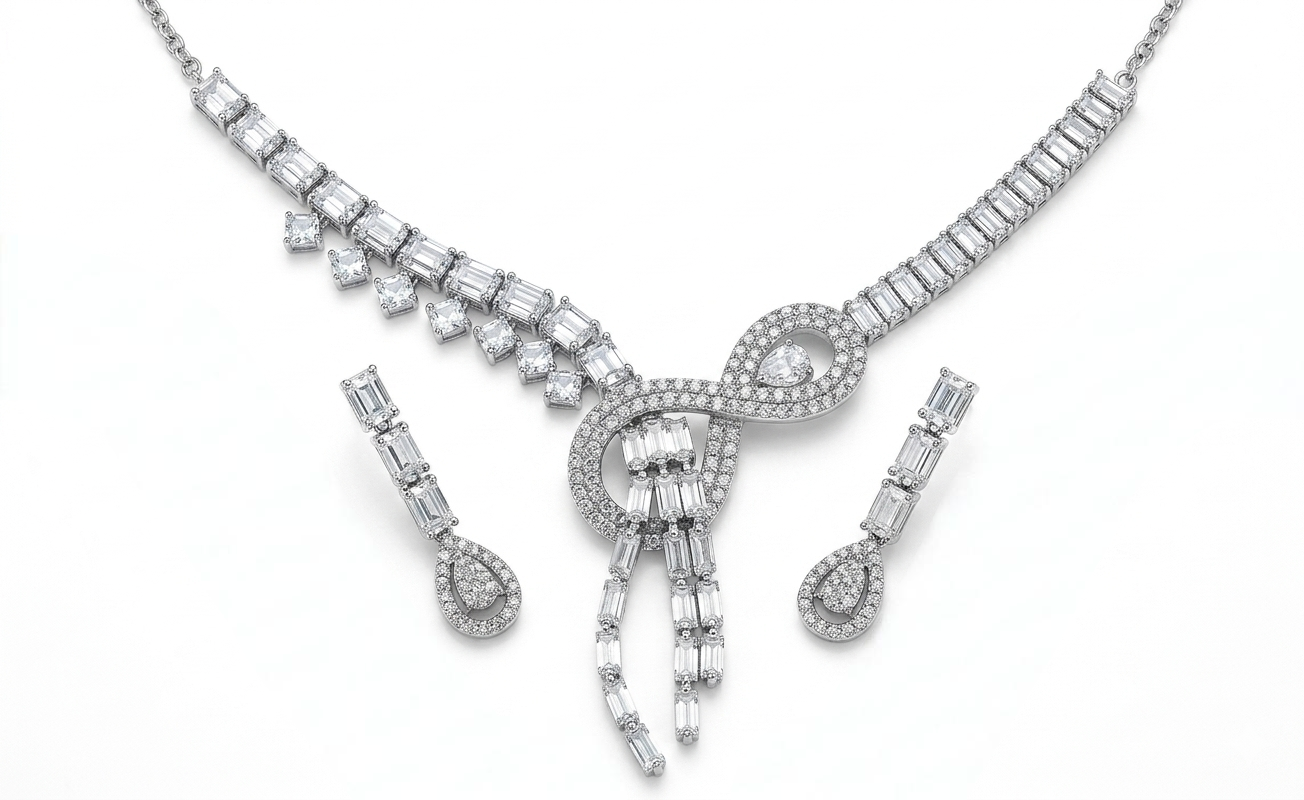 Chic Art Deco Simulated Diamond Statement Necklace & Earring Set for Women – Pavé Sculptural Knot Riviere Chain Collar, Emerald-Cut Asymmetric Drop Charms, Triple Tassel Pear-Cut Drops Bridal Set