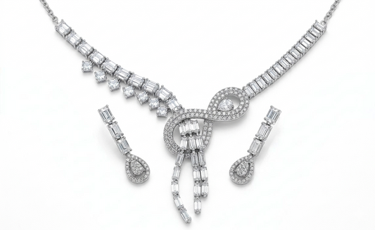 Chic Art Deco Simulated Diamond Statement Necklace & Earring Set for Women – Pavé Sculptural Knot Riviere Chain Collar, Emerald-Cut Asymmetric Drop Charms, Triple Tassel Pear-Cut Drops Bridal Set