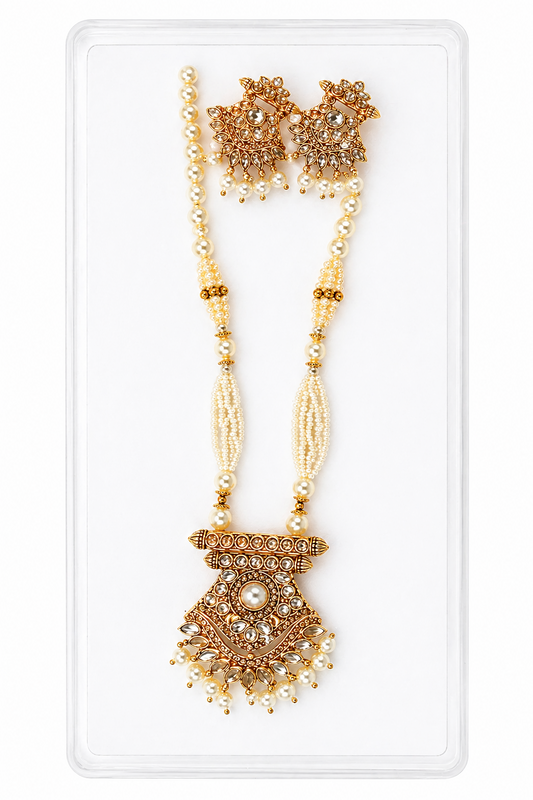 Harmal Store Traditional Pearl Jewelry Set – Elegant Kundan Work Necklace with Pendant and Matching Earrings for Weddings and Festivals