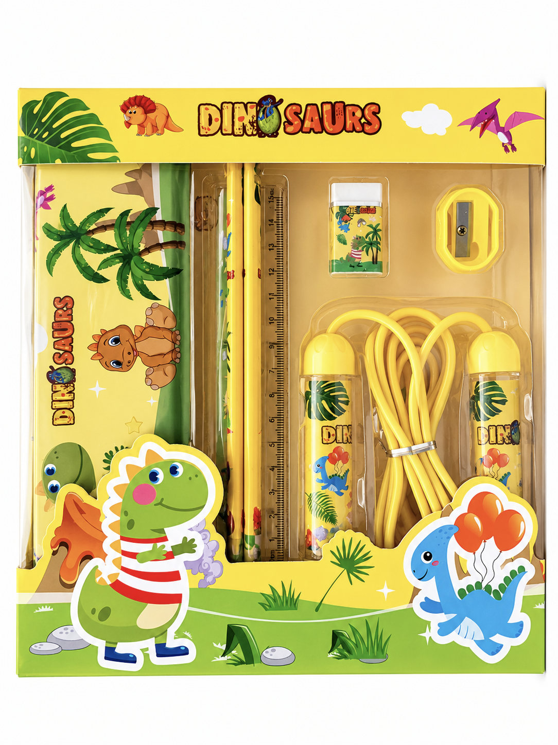 Dinosaur 7-Piece Stationery & Activity Set for Kids – Includes Metal Pencil Box, 2 Pencils, 15cm Ruler, Eraser, Sharpener & Skipping Rope – Prehistoric Back to School Gift for Boys & Girls, Yellow