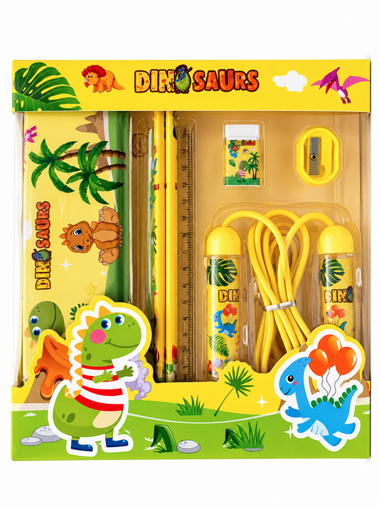 Dinosaur 7-Piece Stationery & Activity Set for Kids – Includes Metal Pencil Box, 2 Pencils, 15cm Ruler, Eraser, Sharpener & Skipping Rope – Prehistoric Back to School Gift for Boys & Girls, Yellow