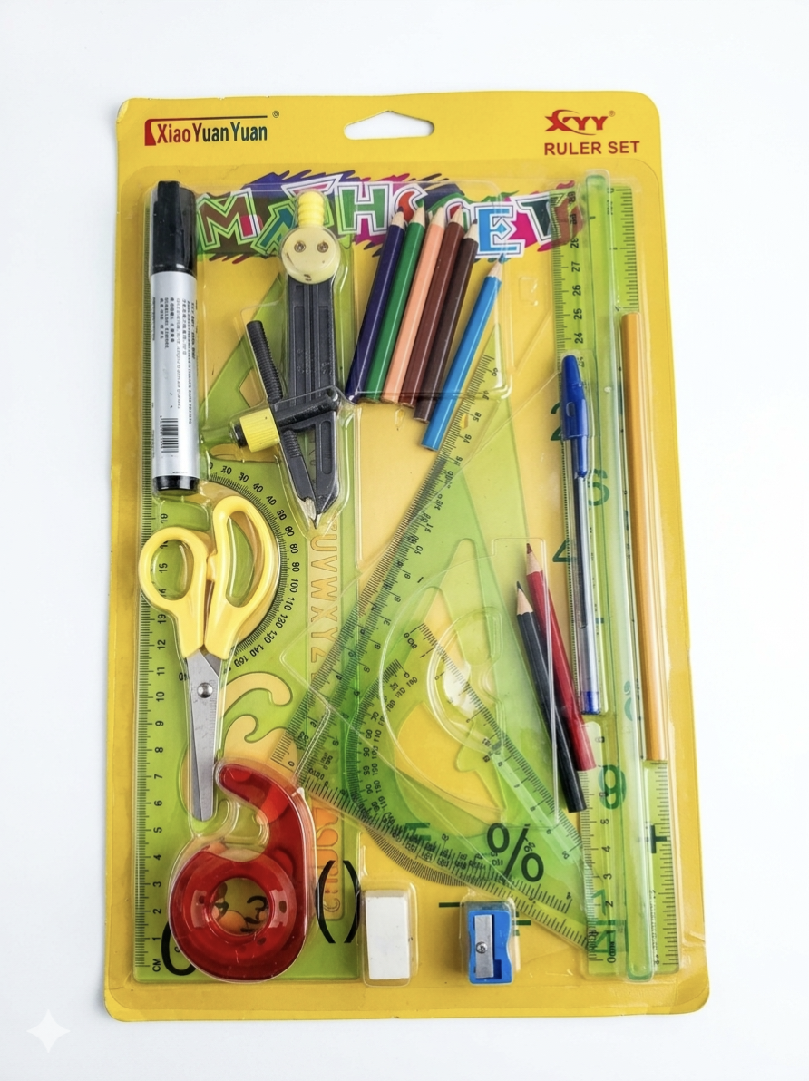 Xiao Yuan Yuan Comprehensive 15-Piece Math & Geometry Set – Complete Student Stationery Kit with Compass, Set Squares, Rulers, Scissors, Tape Dispenser, and Colored Pencils