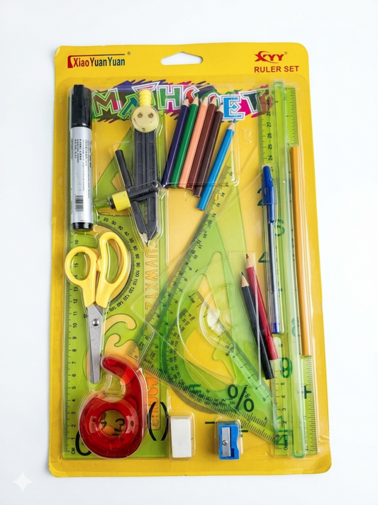 Xiao Yuan Yuan Comprehensive 15-Piece Math & Geometry Set – Complete Student Stationery Kit with Compass, Set Squares, Rulers, Scissors, Tape Dispenser, and Colored Pencils