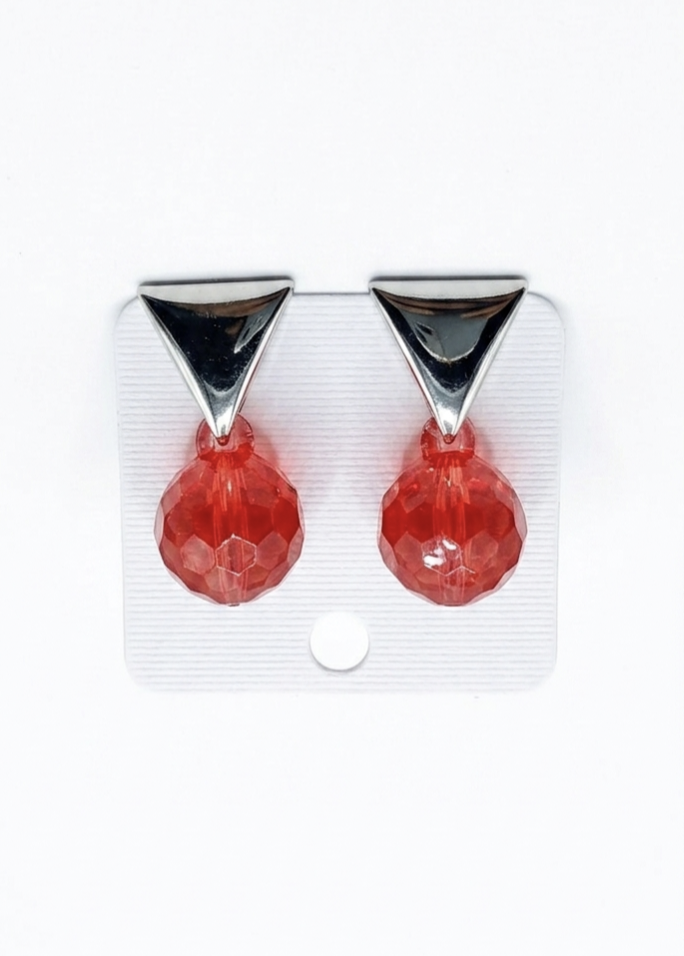 Modern Geometric Triangle Drop Earrings | Mirror-Finish High-Shine Metallic Studs with Light-Catching Red Resin Beads | Gentle & Hypoallergenic Everyday Statement Earrings