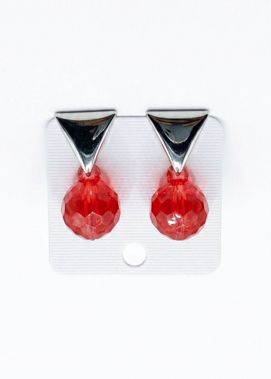 Modern Geometric Triangle Drop Earrings | Mirror-Finish High-Shine Metallic Studs with Light-Catching Red Resin Beads | Gentle & Hypoallergenic Everyday Statement Earrings