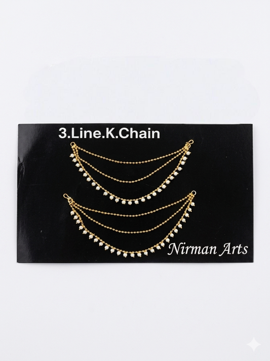 3 Line Kan Chain for Jhumka Earrings | Gold Plated Pearl Ear Chain Accessory for Women | Traditional Kundan Style Sahare Jewelry