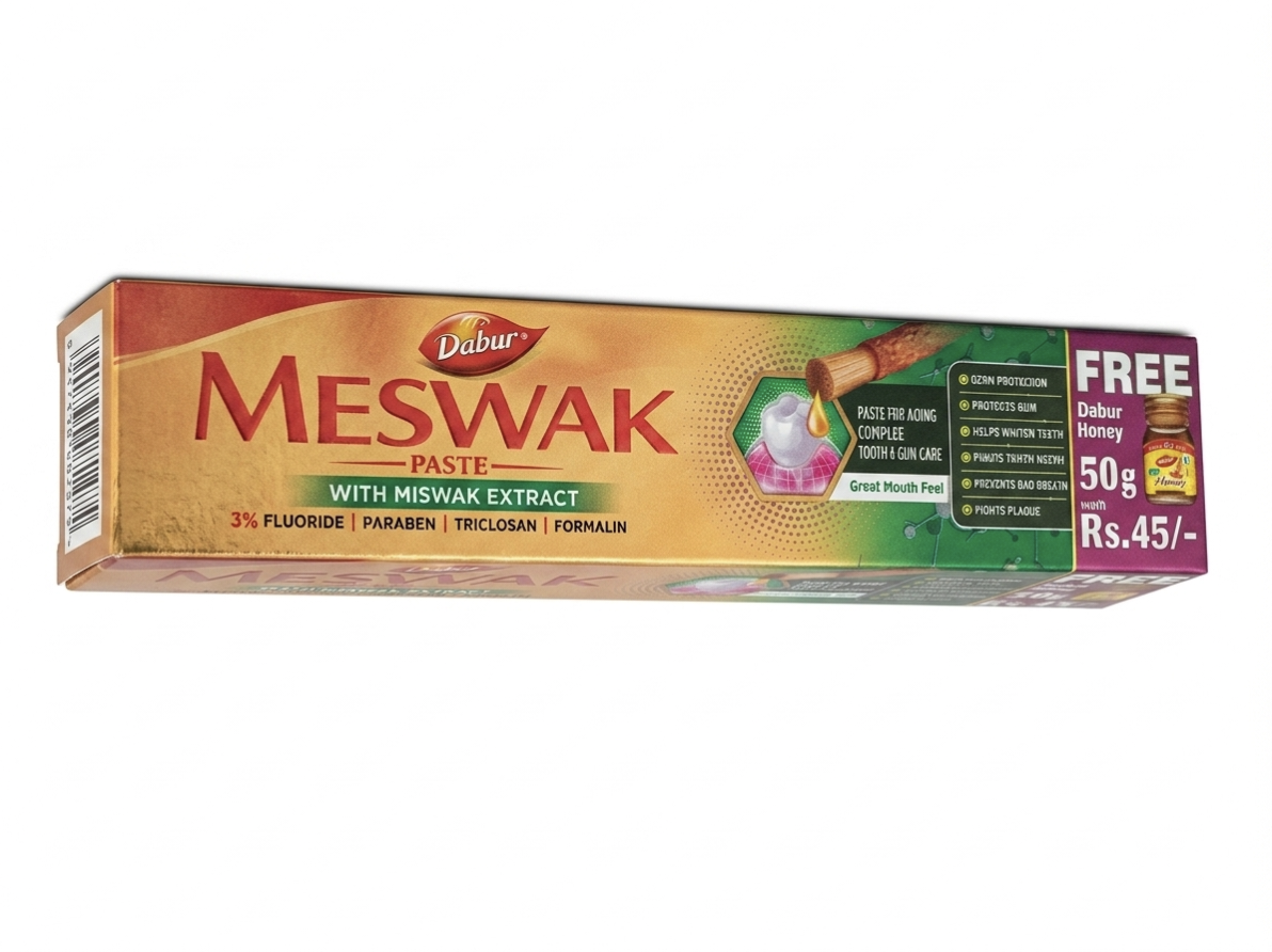 Dabur Meswak Herbal Toothpaste with Miswak Extract, Fluoride Toothpaste for Strong Teeth & Healthy Gums, Anti Plaque & Fresh Breath Toothpaste, Herbal Oral Care with Free Dabur Honey 50g