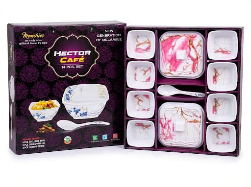 Hector Cafe 14-Piece Melamine Dinner Set – Pink Marble Design
