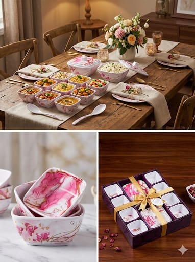 Hector Cafe 14-Piece Melamine Dinner Set – Pink Marble Design