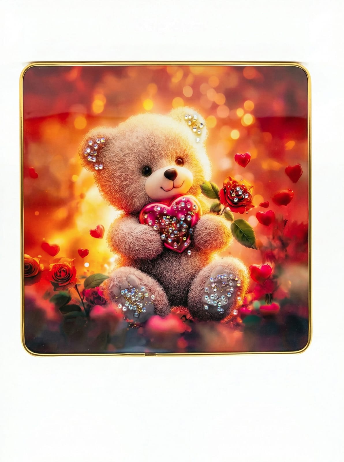 दिल और गुलाब के फूलों से सजा रोमांटिक टेडी बियर वॉल आर्ट 