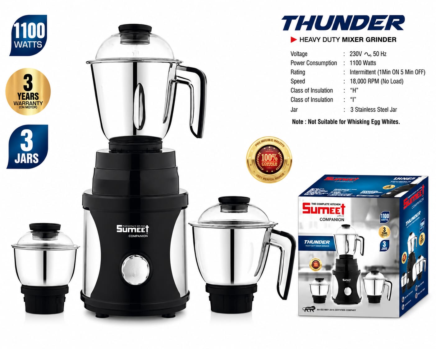 Thunder Heavy Duty Mixer Grinder 1100 Watts | 3 Stainless Steel Jars | 100% Copper Motor | High Speed 18,000 RPM | 3 Speed Control | Kitchen Mixer Grinder | 3 Years Motor Warranty