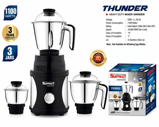 Thunder Heavy Duty Mixer Grinder 1100 Watts | 3 Stainless Steel Jars | 100% Copper Motor | High Speed 18,000 RPM | 3 Speed Control | Kitchen Mixer Grinder | 3 Years Motor Warranty