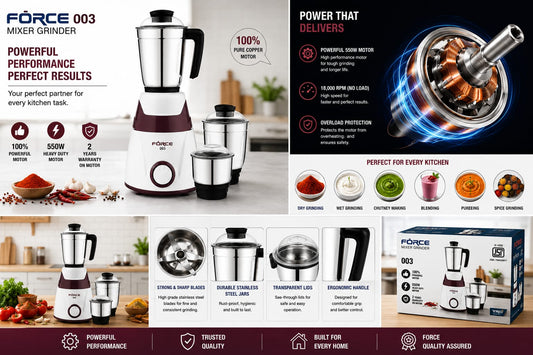 Force 003 Mixer Grinder 550 Watts | 3 Stainless Steel Jars | 100% Pure Copper Motor | Heavy Duty Kitchen Mixer Grinder | 18,000 RPM | Overload Protection | 2 Years Motor Warranty