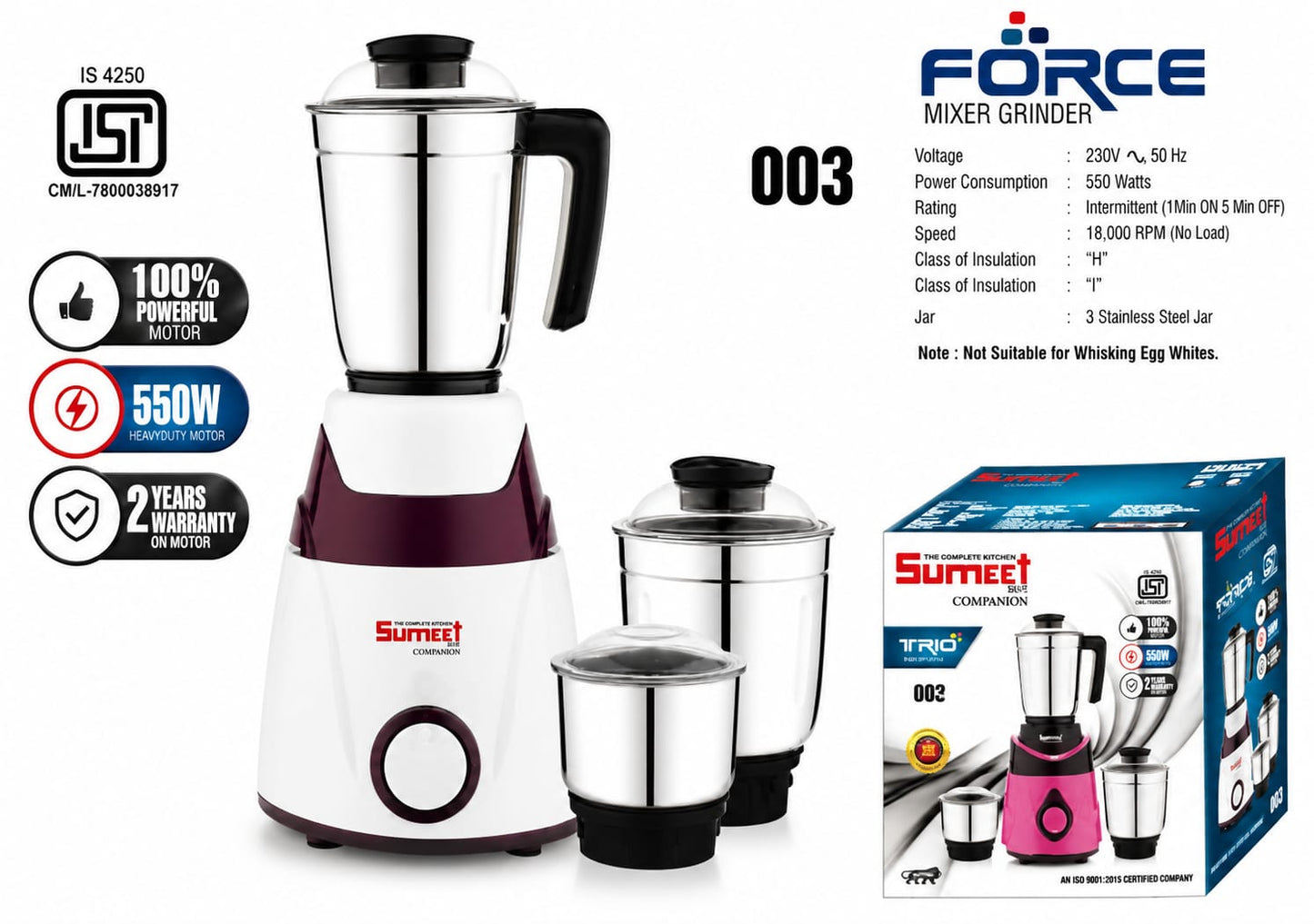Force 003 Mixer Grinder 550 Watts | 3 Stainless Steel Jars | 100% Pure Copper Motor | Heavy Duty Kitchen Mixer Grinder | 18,000 RPM | Overload Protection | 2 Years Motor Warranty