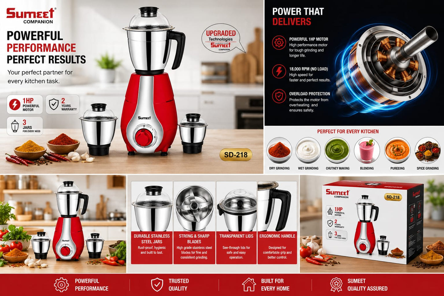 Sumeet SD-218 Mixer Grinder 1 HP Motor | 3 Stainless Steel Jars + Bullet Jar | Heavy Duty Kitchen Mixer Grinder | 18,000 RPM | Overload Protection | 2 Years Warranty