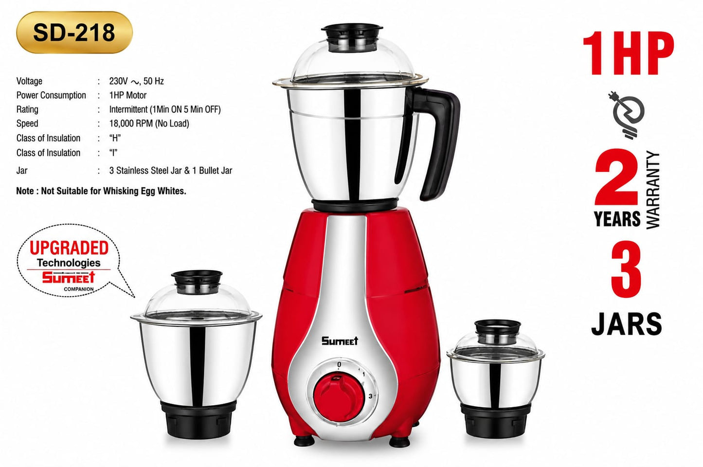 Sumeet SD-218 Mixer Grinder 1 HP Motor | 3 Stainless Steel Jars + Bullet Jar | Heavy Duty Kitchen Mixer Grinder | 18,000 RPM | Overload Protection | 2 Years Warranty