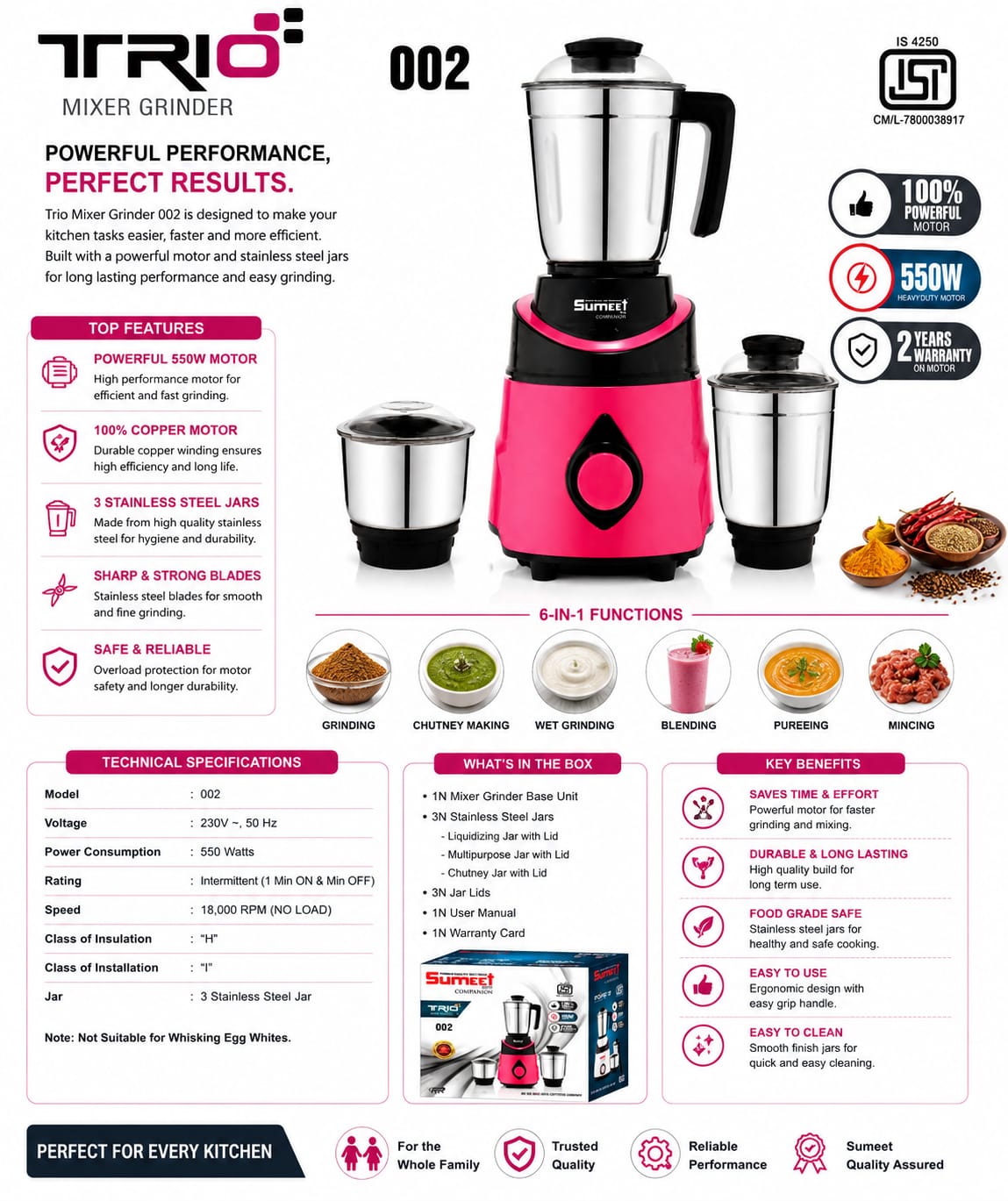 Trio 002 Mixer Grinder 550 Watts | 100% Copper Motor | 3 Stainless Steel Jars | Heavy Duty Kitchen Mixer Grinder | 18,000 RPM | Overload Protection | 2 Years Motor Warranty