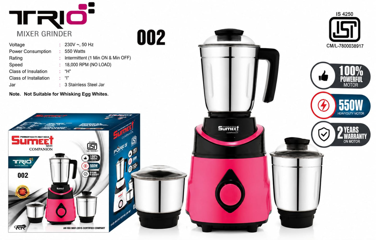 Trio 002 Mixer Grinder 550 Watts | 100% Copper Motor | 3 Stainless Steel Jars | Heavy Duty Kitchen Mixer Grinder | 18,000 RPM | Overload Protection | 2 Years Motor Warranty