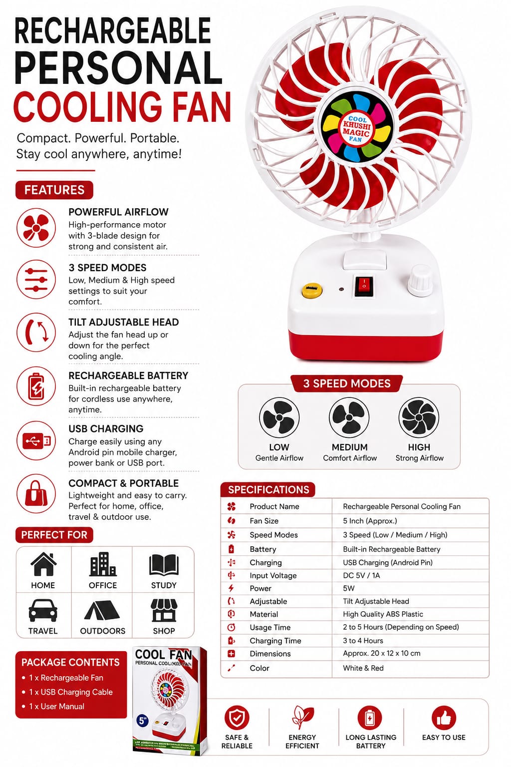 Cool Fan Rechargeable Personal Cooling Fan, 5 Inch USB Rechargeable Table Fan with 3 Speed Modes, 360° Tilt Adjustable, Portable Mini Fan for Home, Office, Study & Travel