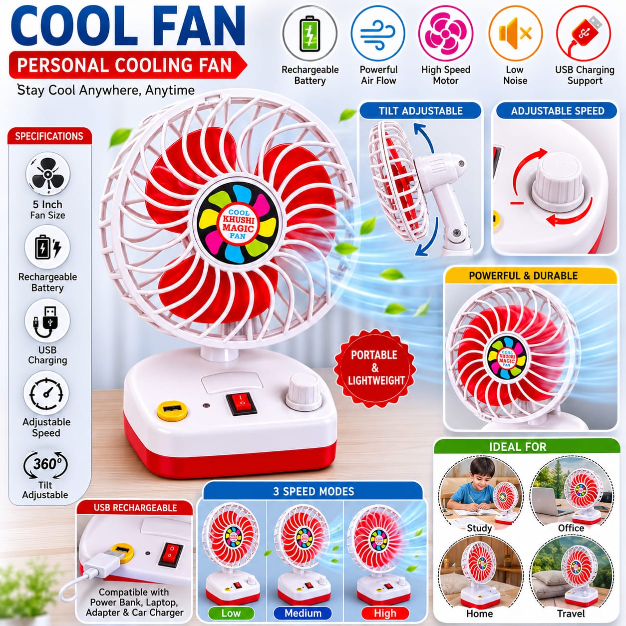 Cool Fan Rechargeable Personal Cooling Fan, 5 Inch USB Rechargeable Table Fan with 3 Speed Modes, 360° Tilt Adjustable, Portable Mini Fan for Home, Office, Study & Travel