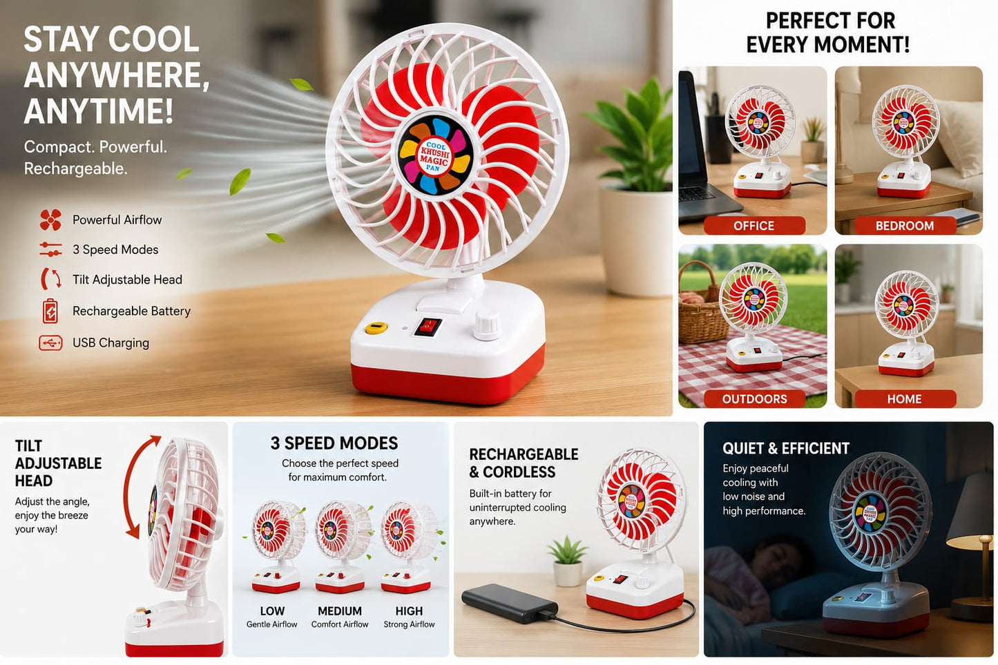 Cool Fan Rechargeable Personal Cooling Fan, 5 Inch USB Rechargeable Table Fan with 3 Speed Modes, 360° Tilt Adjustable, Portable Mini Fan for Home, Office, Study & Travel