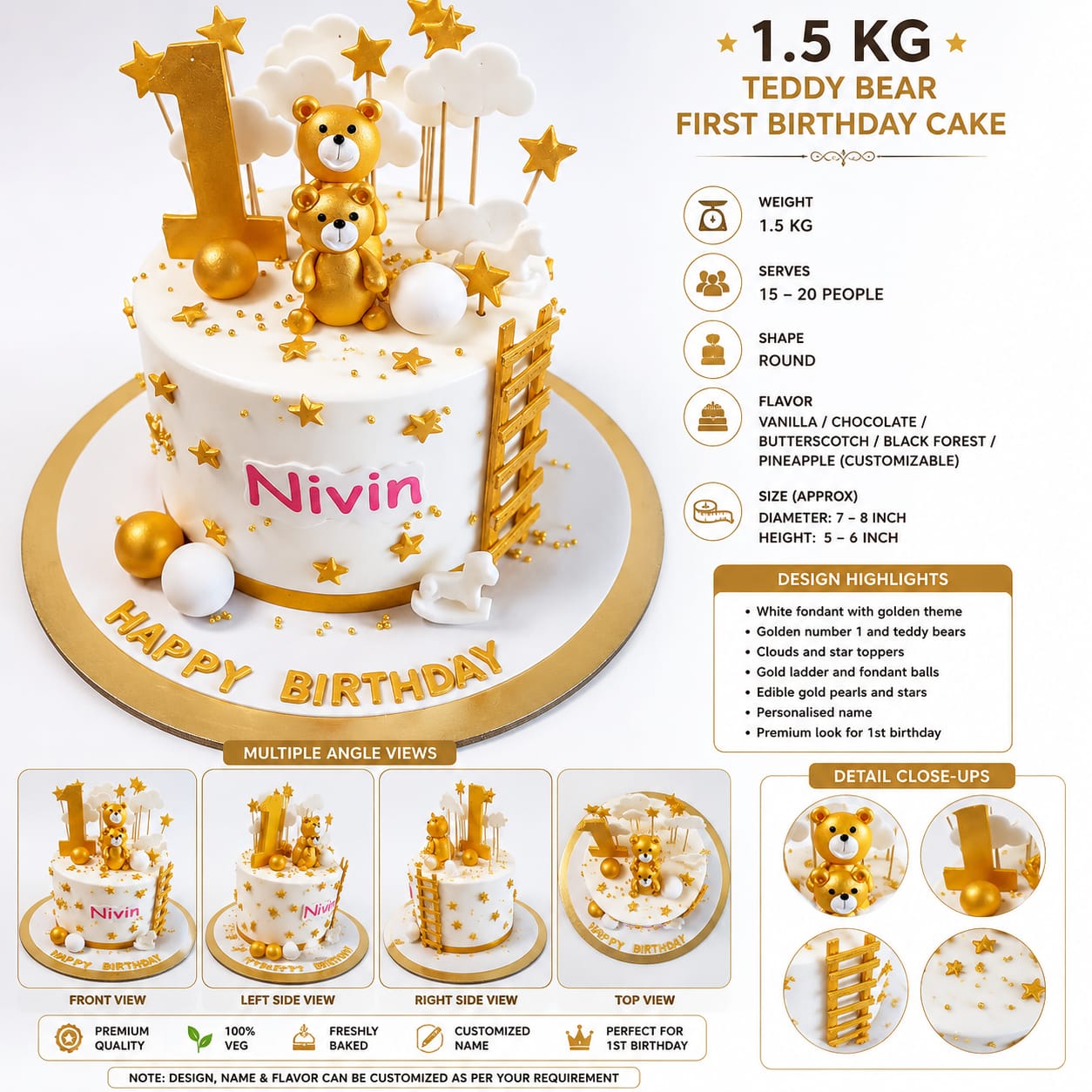 Freshly Baked 1.5 KG Teddy Bear First Birthday Cake | Personalized Name Fresh Cream & Fondant Cake | Custom Flavors (Vanilla, Chocolate, Butterscotch, Black Forest, Pineapple) | Serves 15–20 People