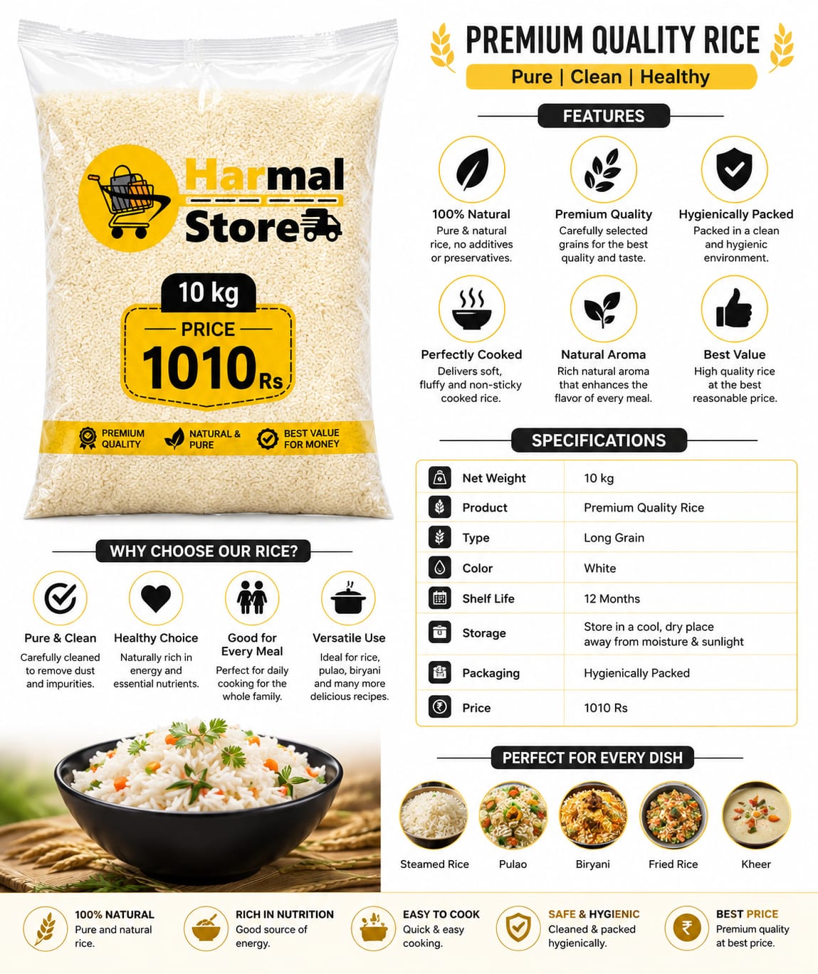 Harmal Store Rice 10 kg | Premium Quality Rice for Daily Cooking | Ideal for Steamed Rice, Pulao, Biryani, Fried Rice & Kheer | Hygienically Packed