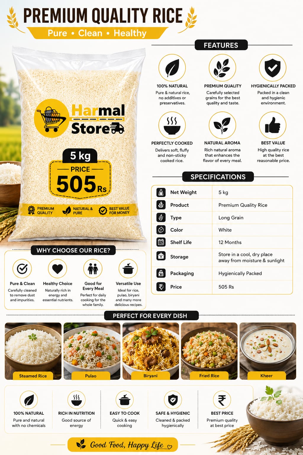 Harmal Store Rice 5 kg | Premium Quality Rice for Daily Cooking | Ideal for Steamed Rice, Pulao, Biryani, Fried Rice & Kheer | Hygienically Packed