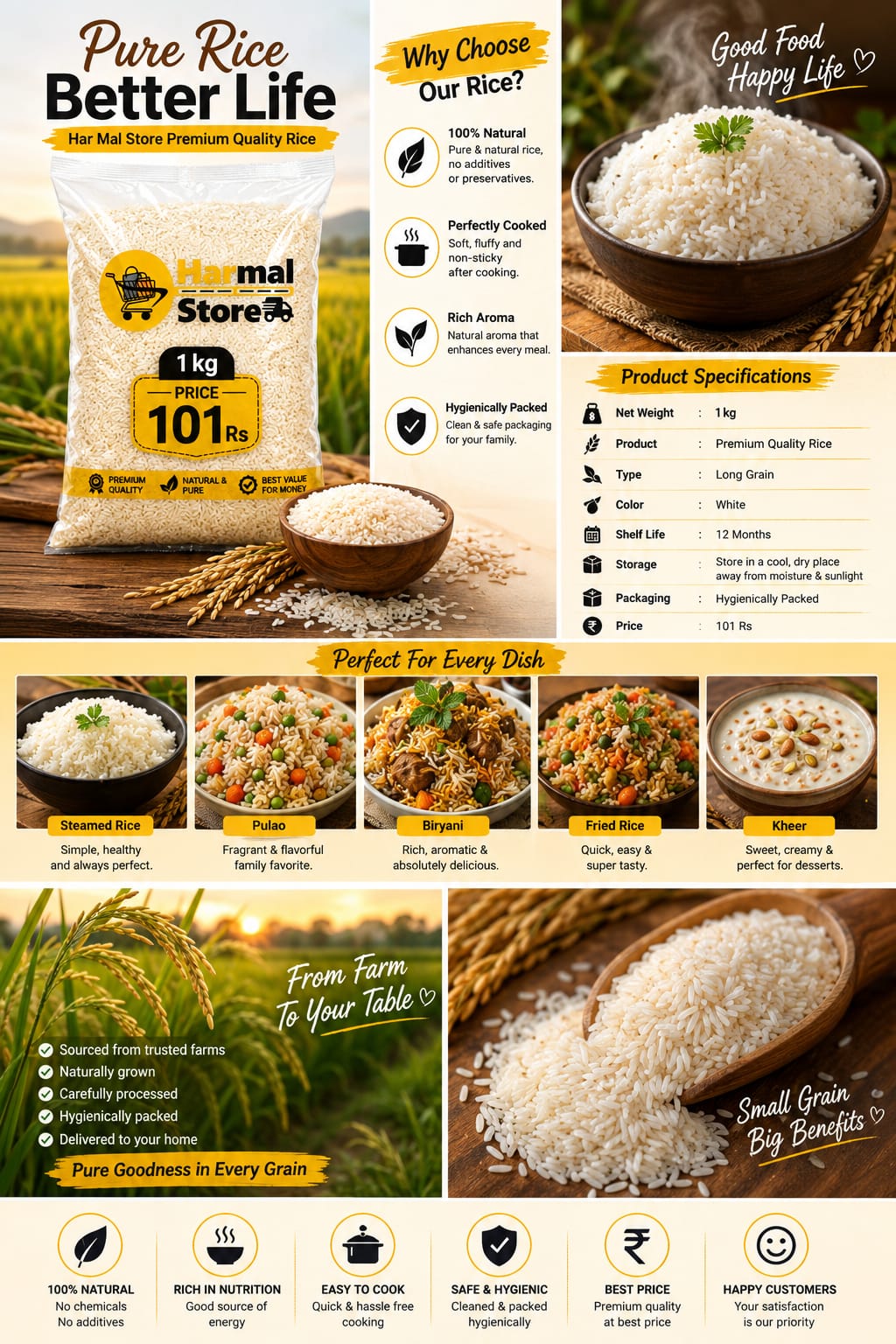 Harmal Store Rice 1 kg | Premium Quality Rice for Daily Cooking | Ideal for Steamed Rice, Pulao, Biryani, Fried Rice & Kheer | Hygienically Packed