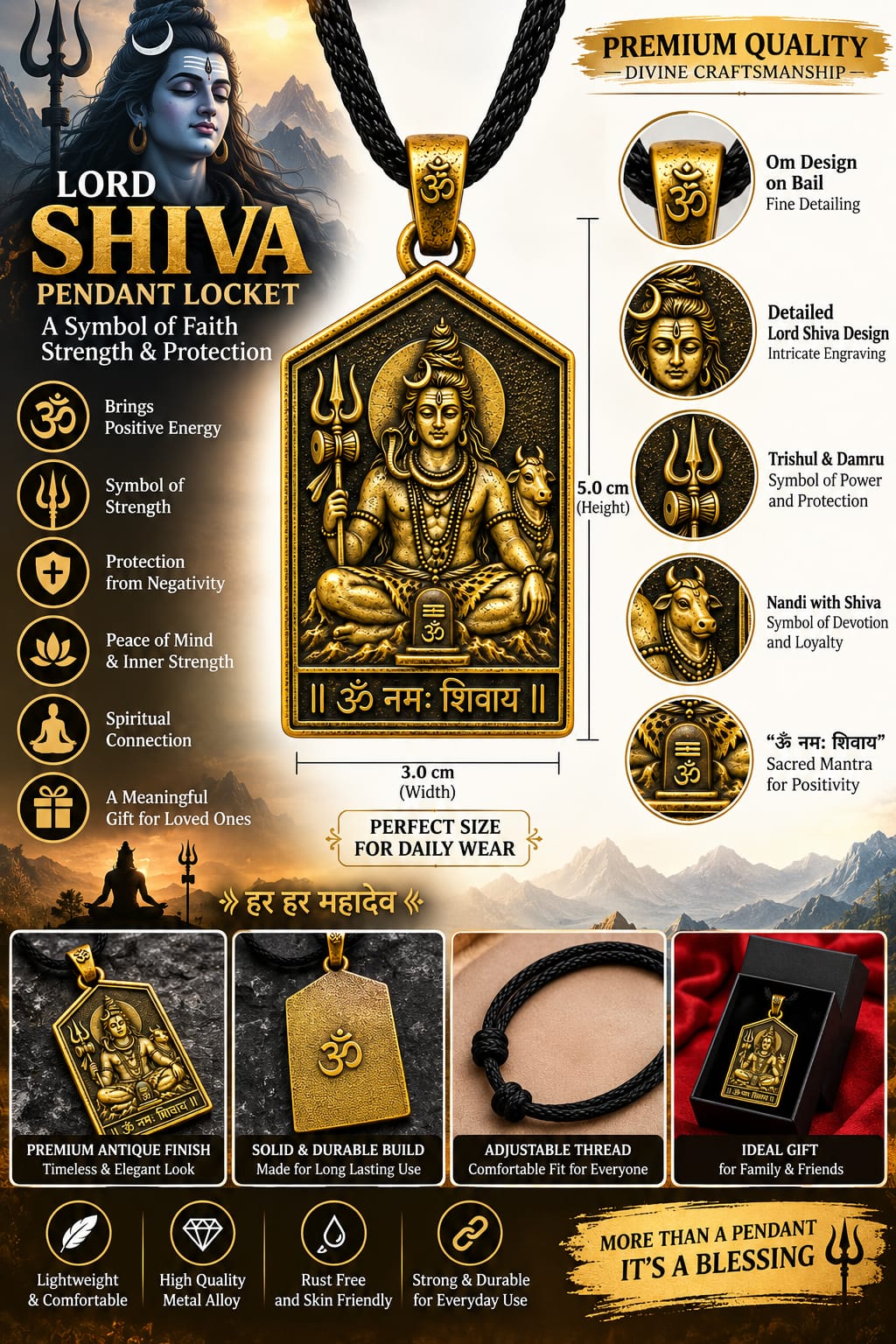 Lord Shiva Pendant AND Mahadev Trishul Locket Locket for Men & Women, Mahadev Shiva Pendant with Om, Trishul, Damru & Nandi Design