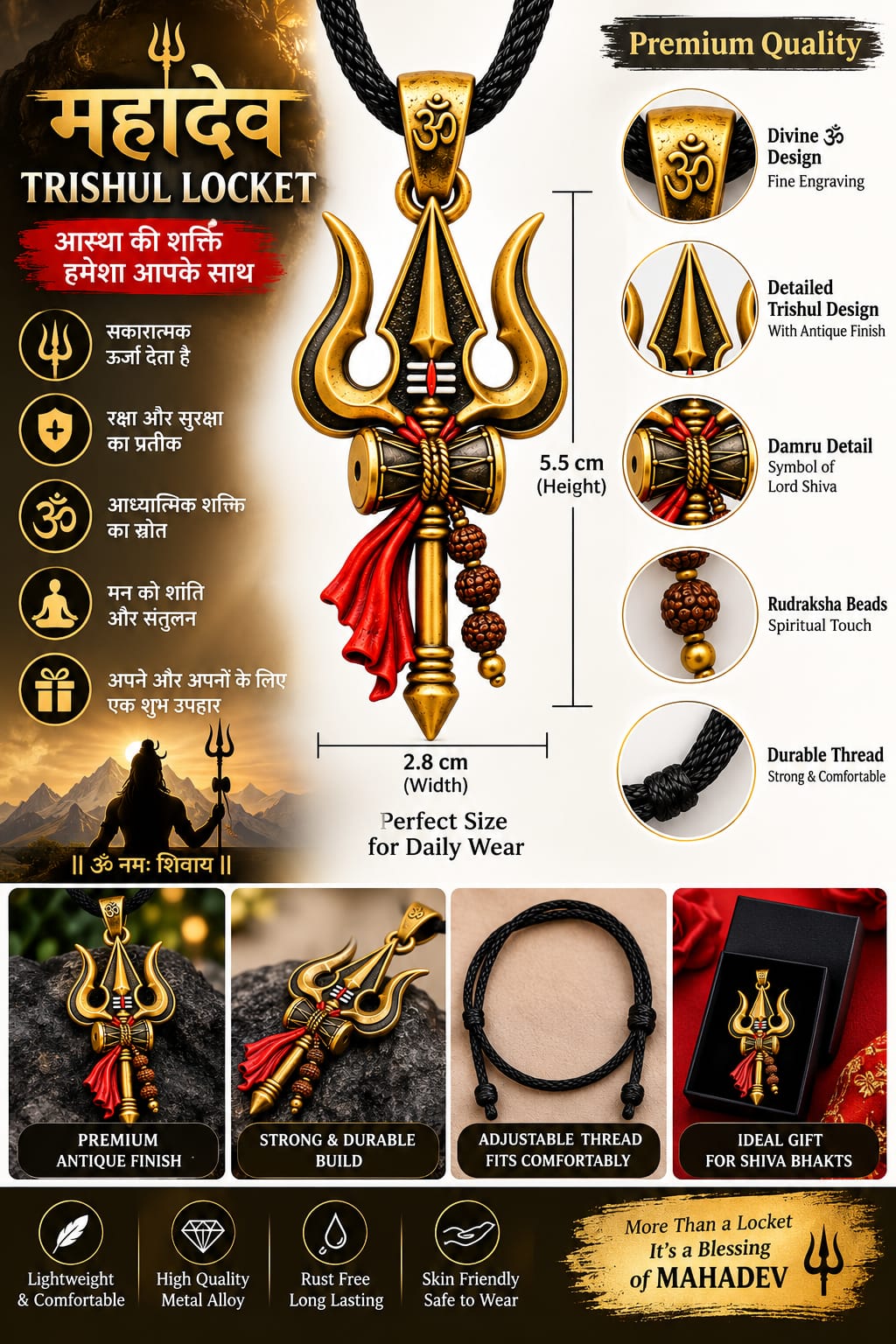 SHIVDHAR Trishul Locket for Men & Women, Lord Shiva Trishul Pendant with Om & Damru Design, Antique Gold Finish Religious Pendant with Black Adjustable Thread, Spiritual Gift