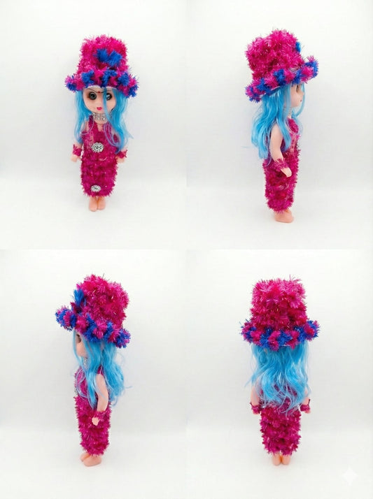 Blue Hair Fashion Doll with Pink Fuzzy Hat & Shimmer Dress