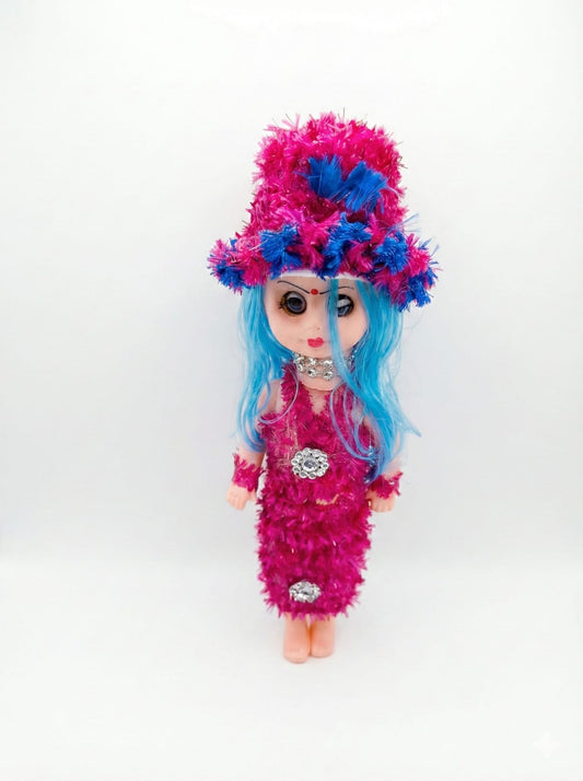 Blue Hair Fashion Doll with Pink Fuzzy Hat & Shimmer Dress