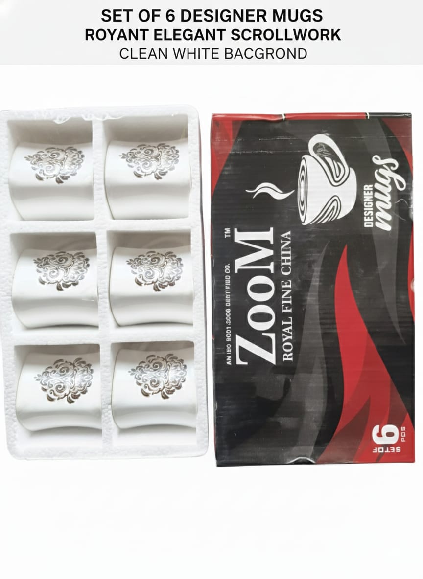 Set of 6 Designer Royal Fine China Mugs – Elegant Scrollwork Design