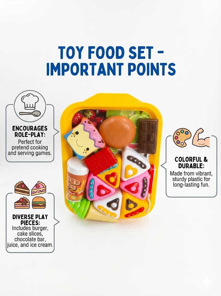 Kids Toy Food Set with Tray – Burger, Cake & Juice Play Set