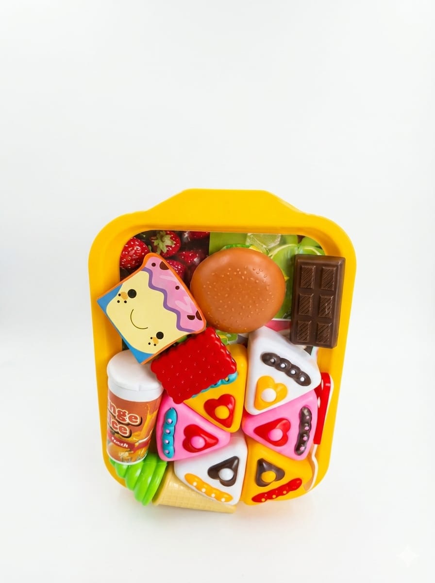 Kids Toy Food Set with Tray – Burger, Cake & Juice Play Set