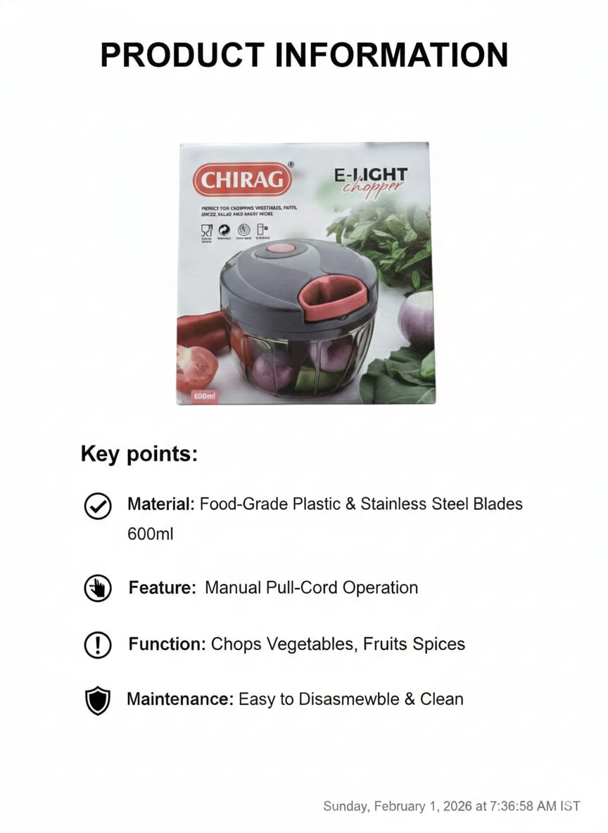 Chirag 600ml Manual Pull Cord Vegetable Chopper