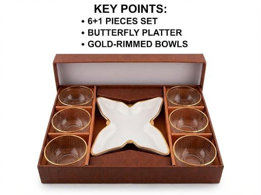 Butterfly Platter Snack Serving Set with Gold-Rimmed Bowls