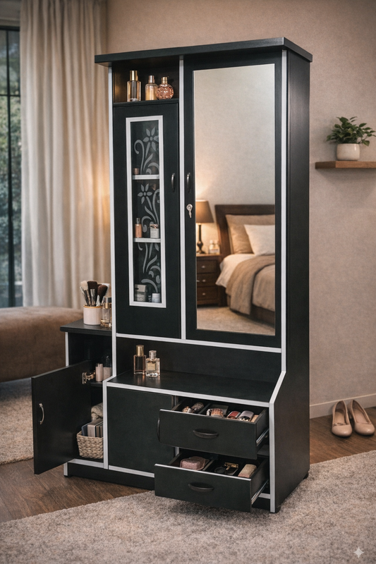 Dressing Table with Wardrobe & Full-Length Mirror | Wooden Makeup Vanity with Storage Cabinet, Glass Door & Drawers