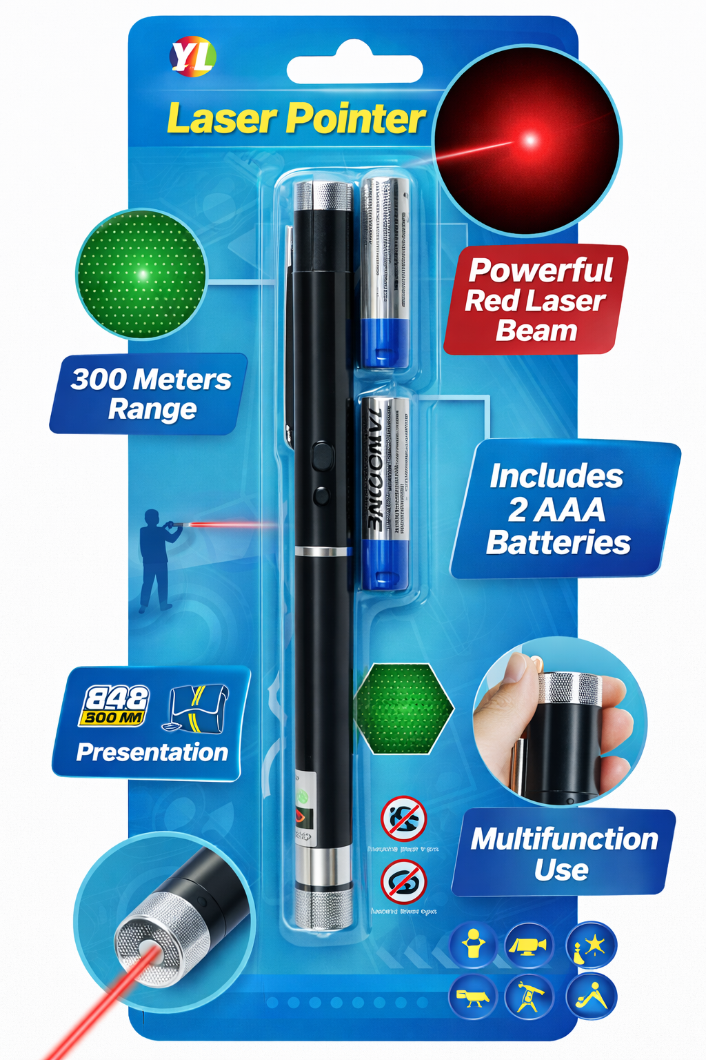 Laser Pointer Pen with 5 Star Caps | Red & Green Laser Light | Long Range Beam Pointer