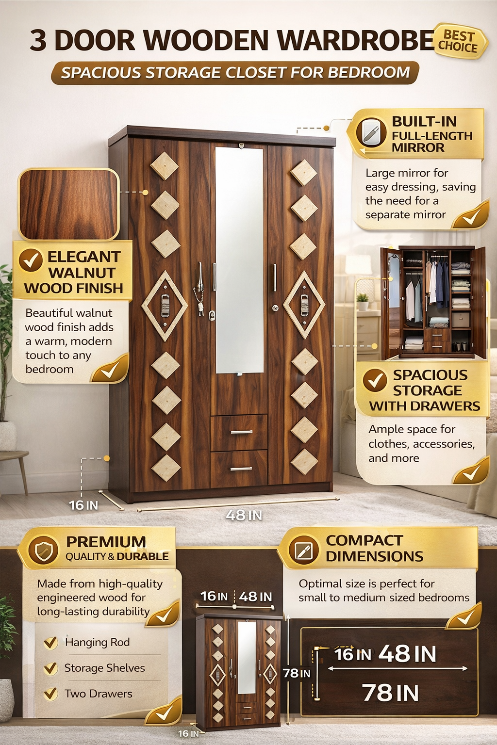 3 Door Wooden Wardrobe with Mirror | Walnut Finish Bedroom Almirah | Spacious Storage Closet with Drawers & Shelves | Modern Furniture | 48x78 Inches