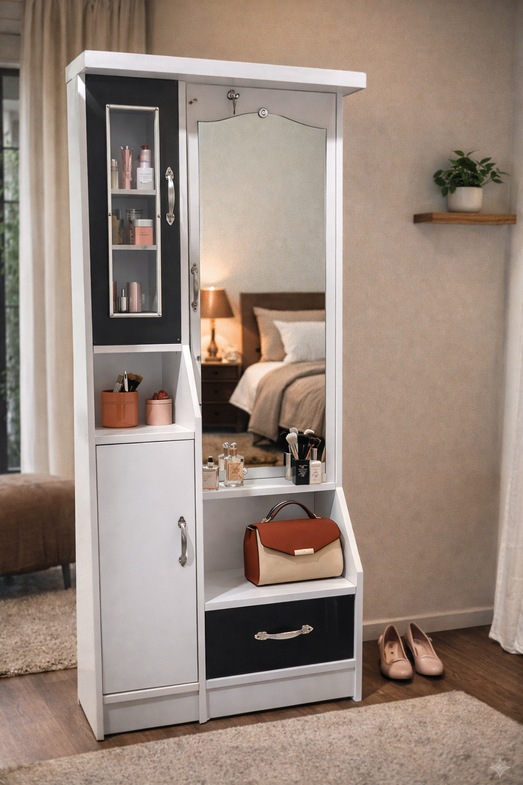 Wooden Dressing Table with Wardrobe & Full-Length Mirror | Storage Cabinet with Glass Shelf & Drawer
